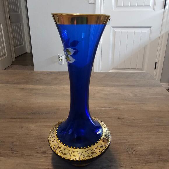 Vintage Hand painted Czech Bohemian Cobalt Blue Glass 7" Bud Vase Floral MCM - Picture 6 of 13